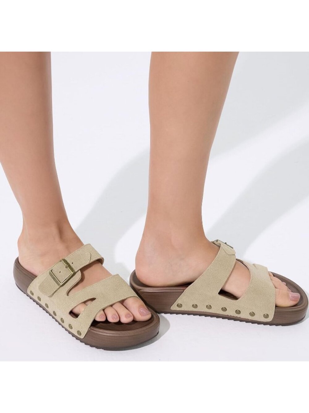 Women's Slides Platform C Beige Genuine Leather Arch Support Buckle Sandals - Picture 6 of 6